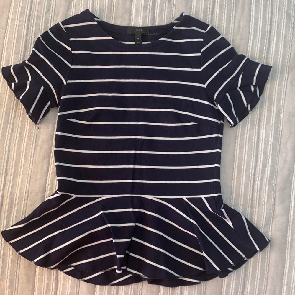 J Crew peplum top, navy and white stripes
